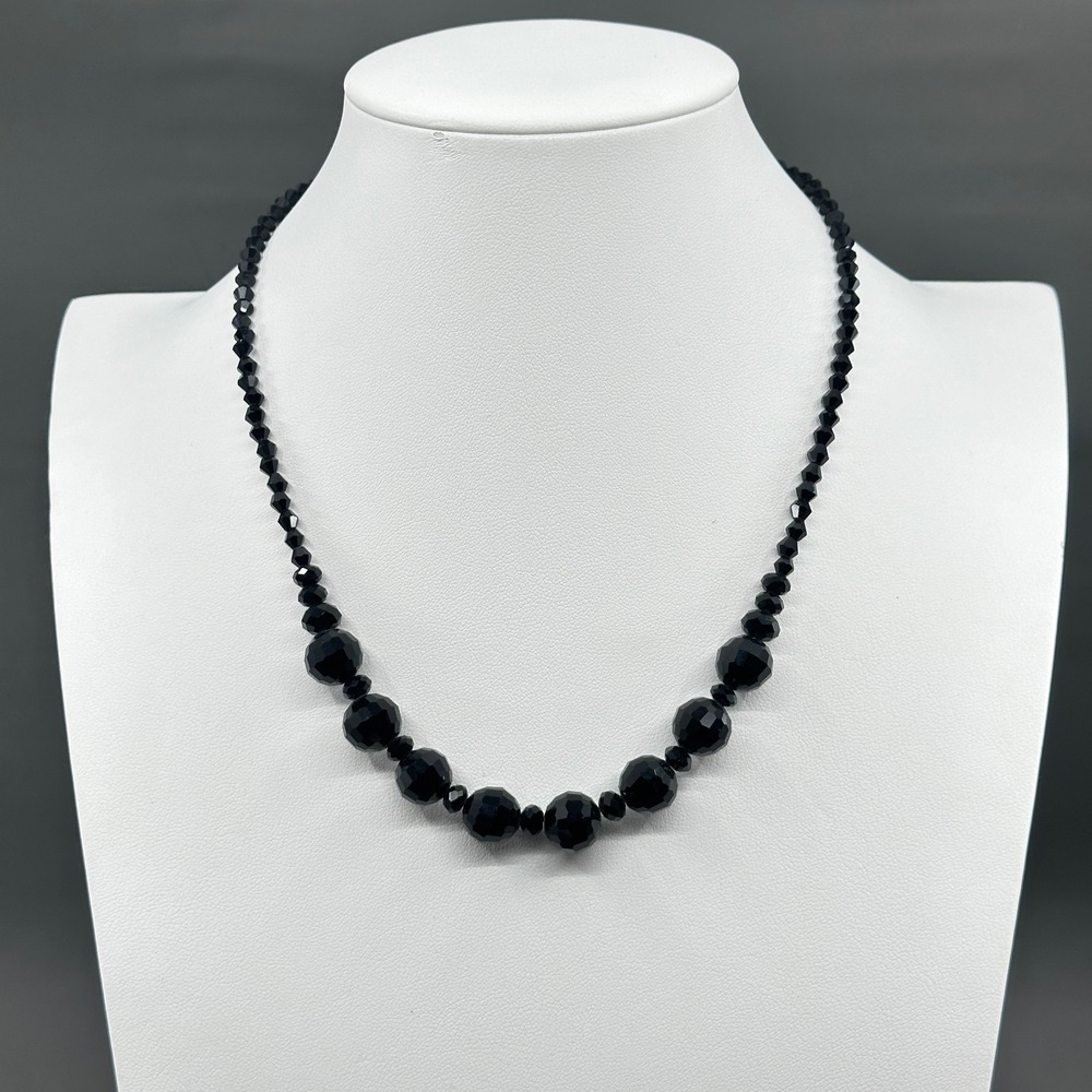 Black Faceted Bead Necklace Graduated Gothic Statement Vintage Costume Jewelry